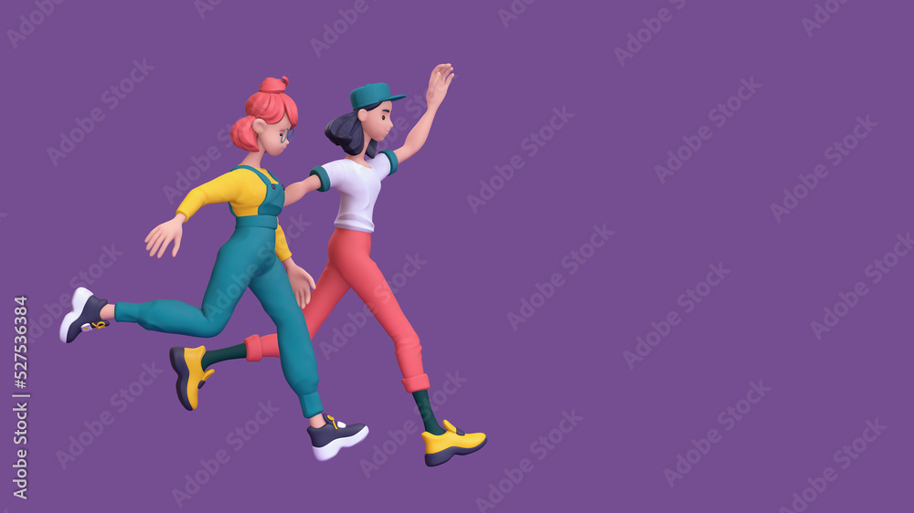 Two cute excited funny asian girls in fashion casual red yellow green clothes compete run floating in air, business challenge, buyers rush for sales, discounts, shopping. 3d render on purple backdrop.