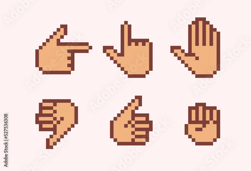 Hand cursor pixel art set. Hand gesture collection. Thumb up, down, stop and hit. 8 bit sprite. Game development, mobile app.  Isolated vector illustration.