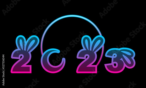 Happy new year 2023, year of the rabbit cute bunny on dark black background neon light sci-fi icon vector design.