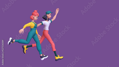 Two cute excited funny asian girls in fashion casual red yellow green clothes compete run floating in air, business challenge, buyers rush for sales, discounts, shopping. 3d render on purple backdrop.