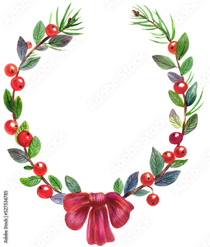 Watercolor Christmas wreath with colorful Christmas decorations, and berries. With transparent layer.