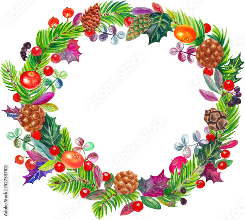 Watercolor Christmas wreath with colorful Christmas decorations  cones  fruits and berries. With transparent layer.