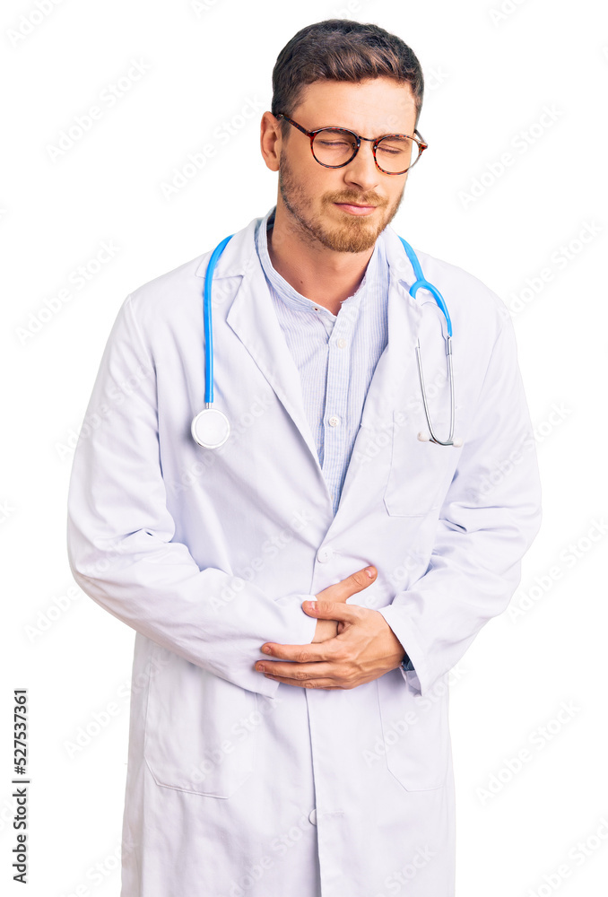 Handsome young man with bear wearing doctor uniform with hand on stomach because indigestion, painful illness feeling unwell. ache concept. Handsome young man with bear wearing doctor uniform with hand on stomach because indigestion, painful illness feeling unwell. ache concept.