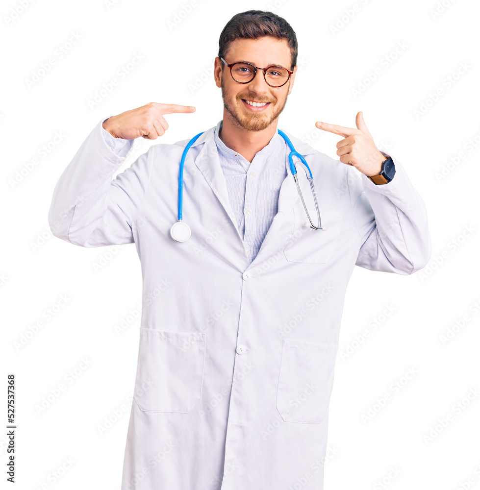 Handsome young man with bear wearing doctor uniform smiling cheerful showing and pointing with fingers teeth and mouth. dental health concept. Handsome young man with bear wearing doctor uniform smiling cheerful showing and pointing with fingers teeth and mouth. dental health concept.