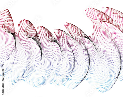 3d particles mesh array, sound wave flowing, transparent tulle textile on wind. Round points vector effect illustration. Blended mesh, calming relaxing wallpaper.