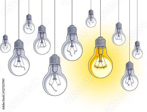 Idea concept light bulbs vector illustration with single one is shining, think different, creativity, be special, leadership.