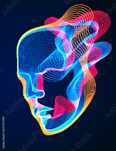 Digital soul of machine, Artificial Intelligence software visualization of human head made of dotted particles flowing wave lines array. Technical era period of evolution.