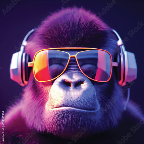 Cool young DJ Gorilla with headphones and sunglasses enjoys the music