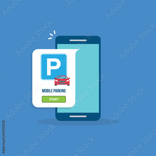 Mobile parking app on smartphone screen. Smart phone with car park application. Internet payment online with modern device.