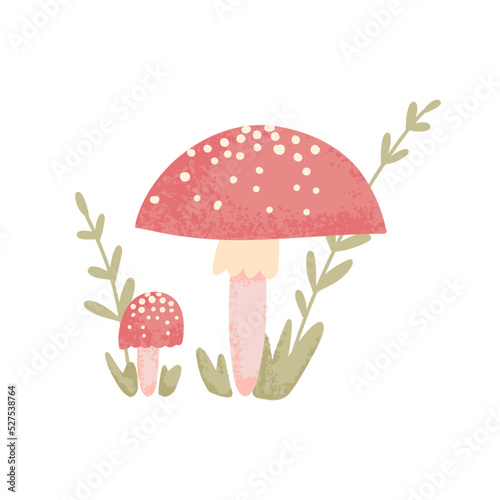Fly agarics hand-drawn in a flat style. Inedible mushrooms amanita in the grass. Colorful forest wild of assorted edible mushrooms in cartoon style isolated vector illustration.