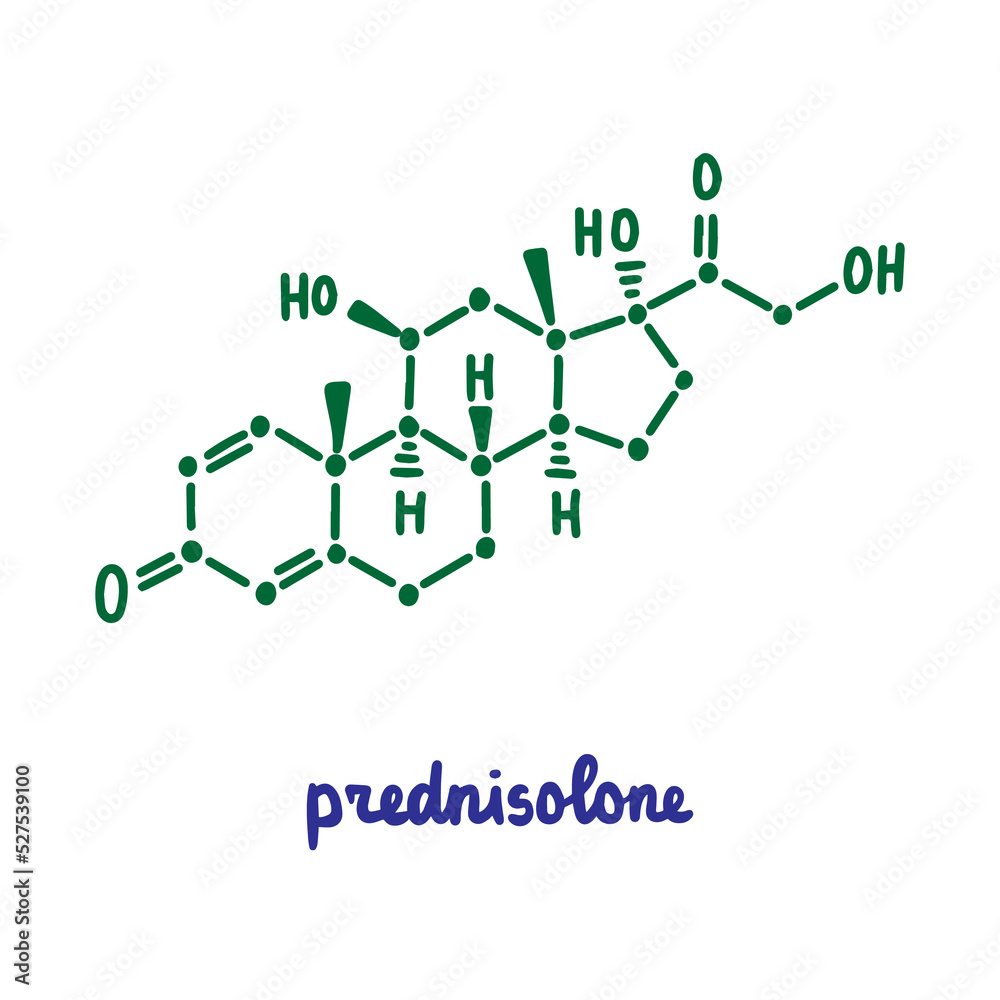 Prednisolone hand drawn vector formula chemical structure lettering blue green