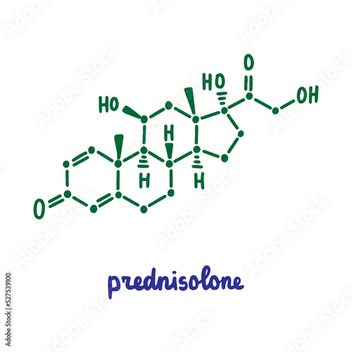 Prednisolone hand drawn vector formula chemical structure lettering blue green