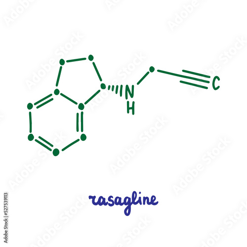 Rasagline hand drawn vector formula chemical structure lettering blue green