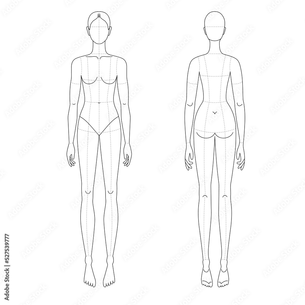Female line drawing croqui for flat fashion sketches and cads. Vector mannequin design. 