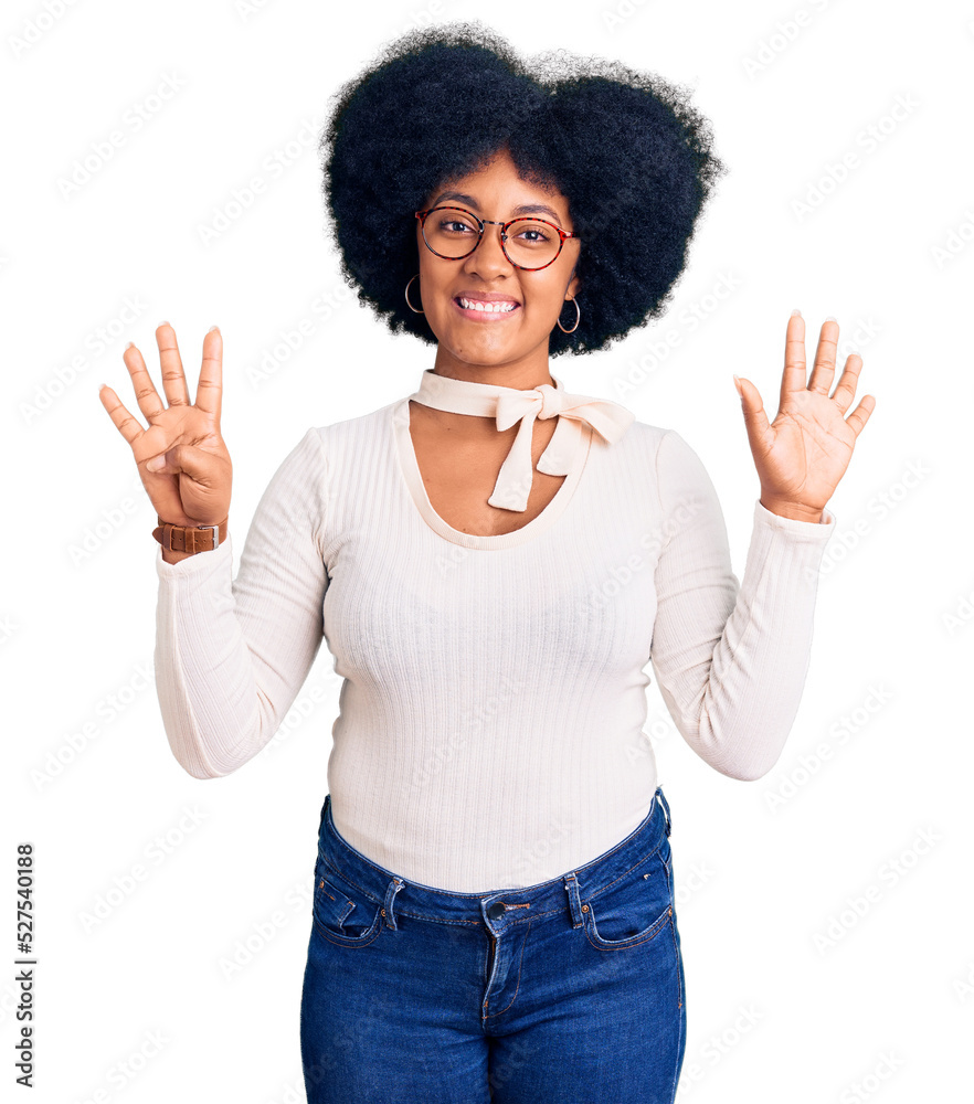 Young african american girl wearing casual clothes and glasses showing and pointing up with fingers number nine while smiling confident and happy. Young african american girl wearing casual clothes and glasses showing and pointing up with fingers number nine while smiling confident and happy.