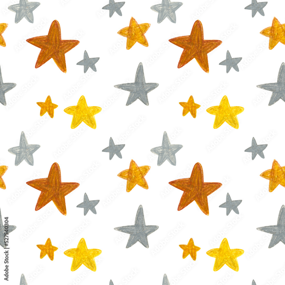 Hand drawn silver and golden stars pattern on white background. For fabric, sketchbook, wallpaper, wrapping paper. Hand drawn silver and golden stars pattern on white background. For fabric, sketchbook, wallpaper, wrapping paper.