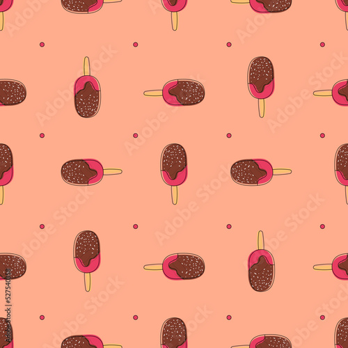 Cute seamless pattern with hand drawn doodle ice cream with chocolate nad crumbs on orange background for fabric, posters, wallpaper. Vector