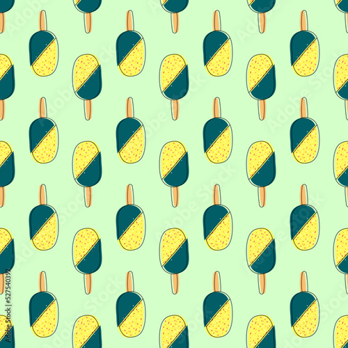 Cute seamless pattern with hand drawn doodle lemon ice cream with waffles on green background for fabric, posters, wallpaper. Vector