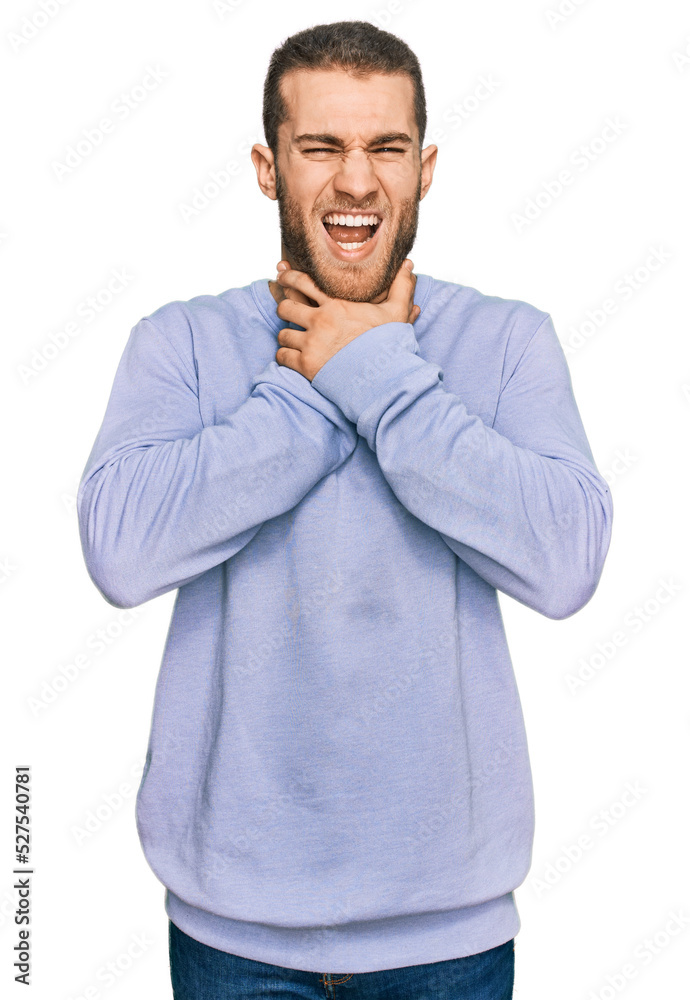 Young caucasian man wearing casual clothes shouting and suffocate because painful strangle. health problem. asphyxiate and suicide concept. Young caucasian man wearing casual clothes shouting and suffocate because painful strangle. health problem. asphyxiate and suicide concept.