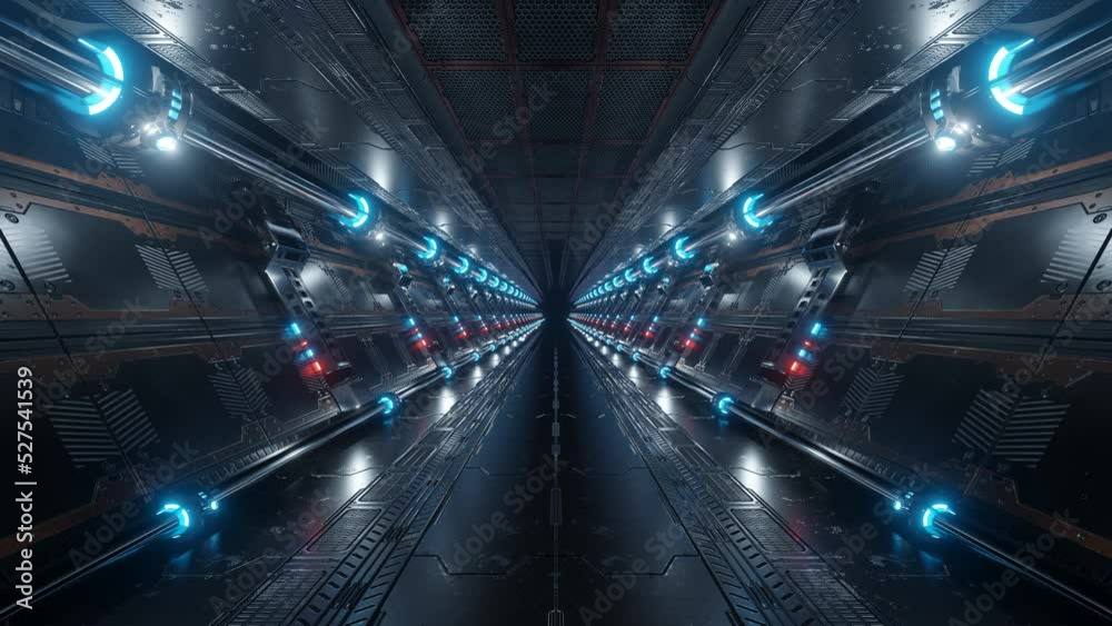 3D rendered animated loop of a spaceship background in space station. Futuristic interior corridor with blue neon lights walls. Hyperrealistic dimensional seamless lopped animation tunnel