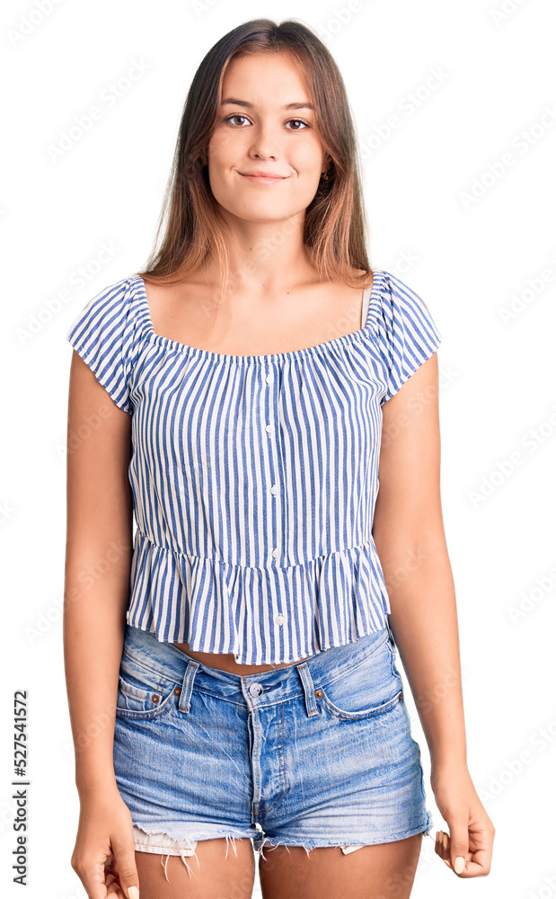 Beautiful caucasian woman wearing casual clothes looking positive and happy standing and smiling with a confident smile showing teeth Beautiful caucasian woman wearing casual clothes looking positive and happy standing and smiling with a confident smile showing teeth