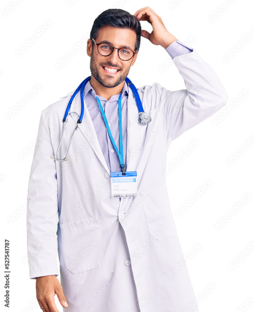 Young hispanic man wearing doctor uniform and stethoscope smiling confident touching hair with hand up gesture, posing attractive and fashionable Young hispanic man wearing doctor uniform and stethoscope smiling confident touching hair with hand up gesture, posing attractive and fashionable