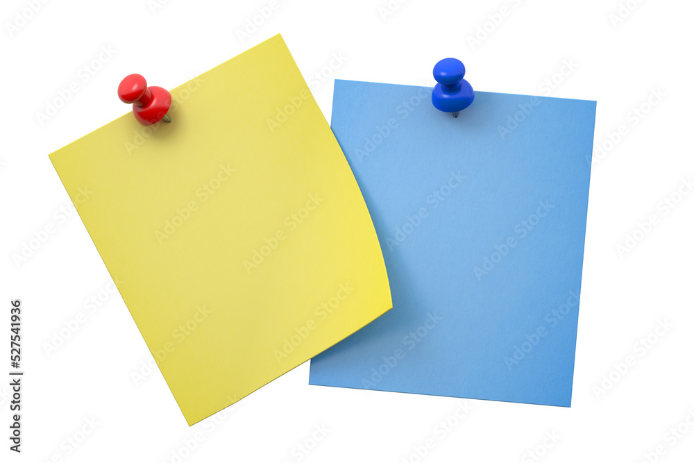 Yellow and Blue 3D Sticky Note with Thumbtacks on White Yellow and Blue 3D Sticky Note with Thumbtacks on White