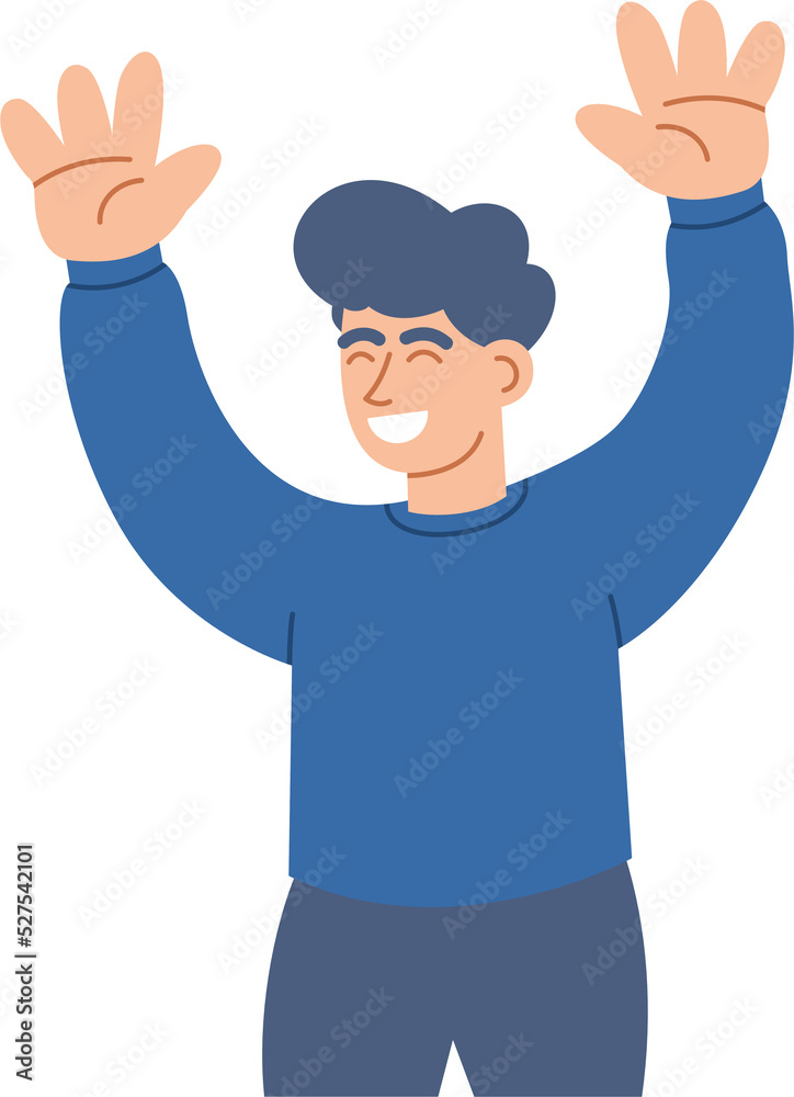 Happy man with hands up celebrating win or goal achievement. Flat Cartoon. Happy man with hands up celebrating win or goal achievement. Flat Cartoon.