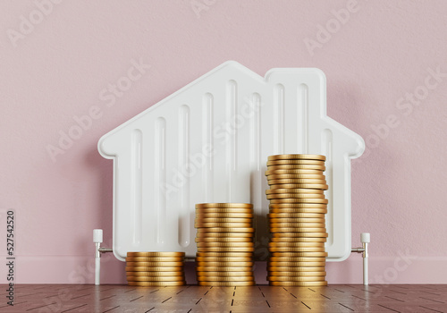 Household energy bills concept. Heating radiator in the shape of a house with a stack of coins. 3D Rendering photo