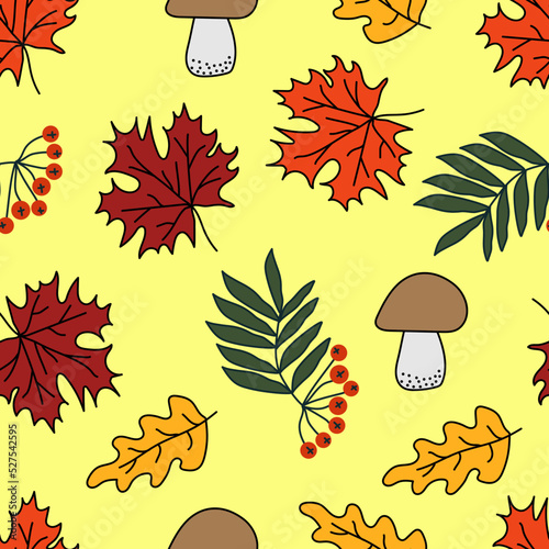 seamless autumn pattern with maple leaves, rowan, mushroom an oak leaf