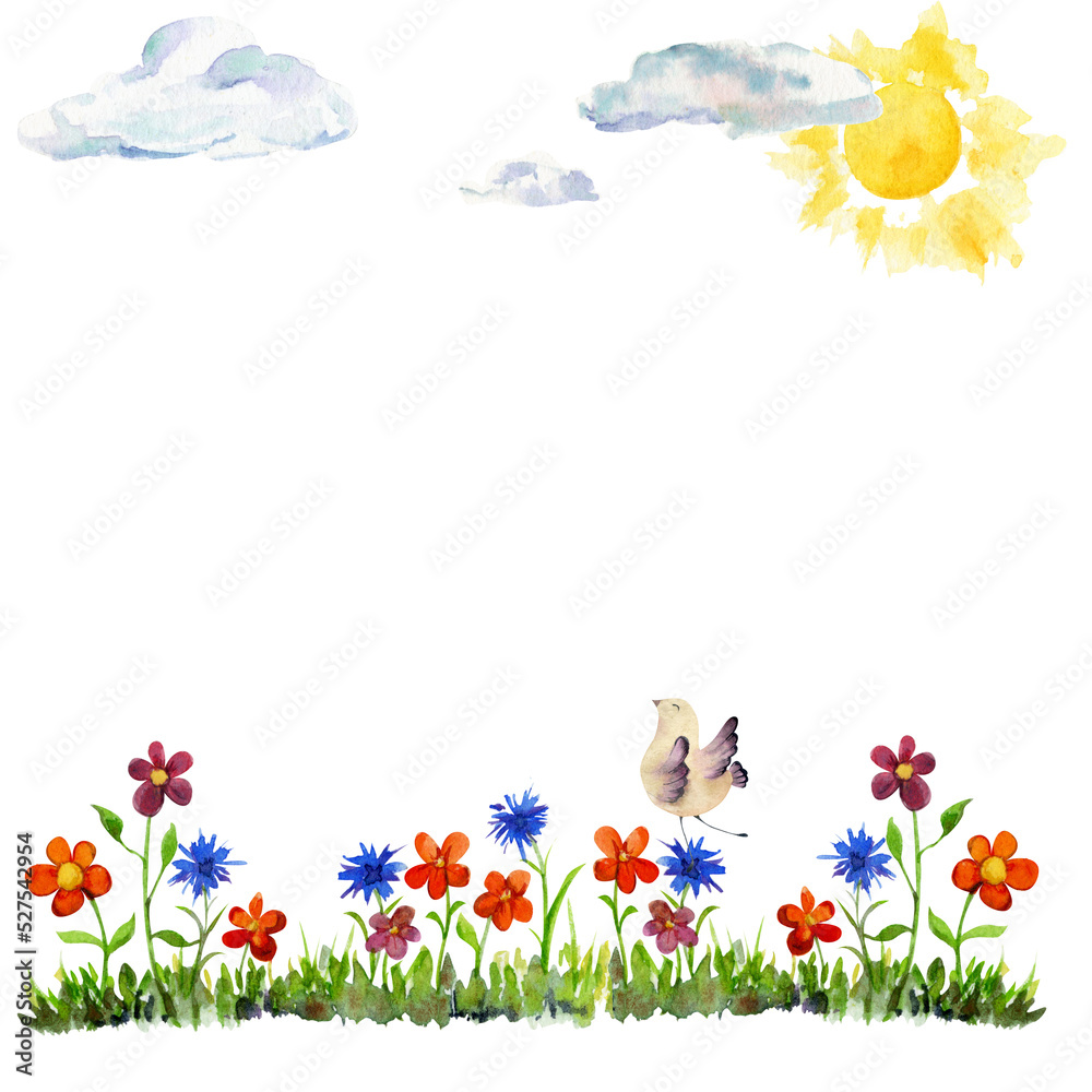 Watercolor hand drawn countryside with sun, flowers, clouds and a bird, isolated on white background. Design for cards, gift bags, invitations, textile, print, wallpaper, for children