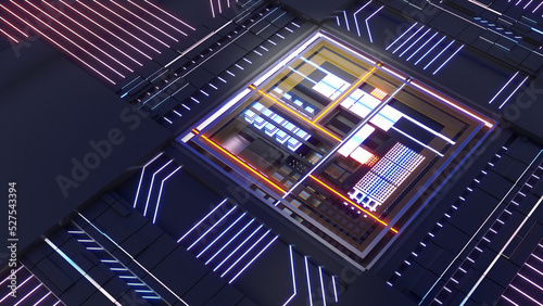 Future central processing unit,working processing technology,Nanotechnology Computing,Conceptual CPU on circuit board,3d rendering