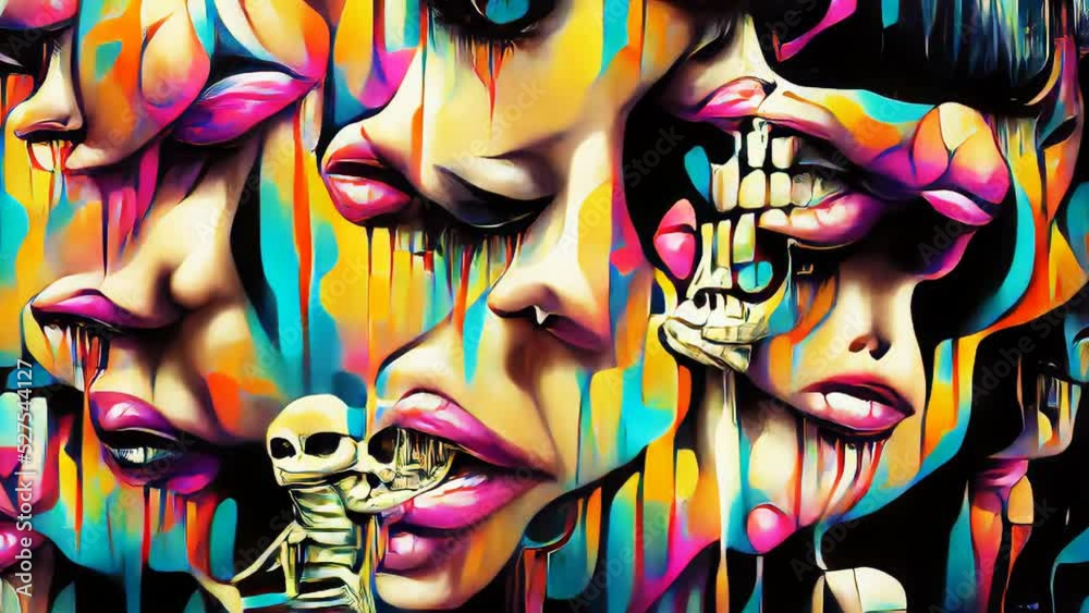 AI generated NFT crypto art of 60s hippie retro funky faces. Psychedelics digital image manipulation of an artificial intelligence.Cyberart travel into the mind concept.