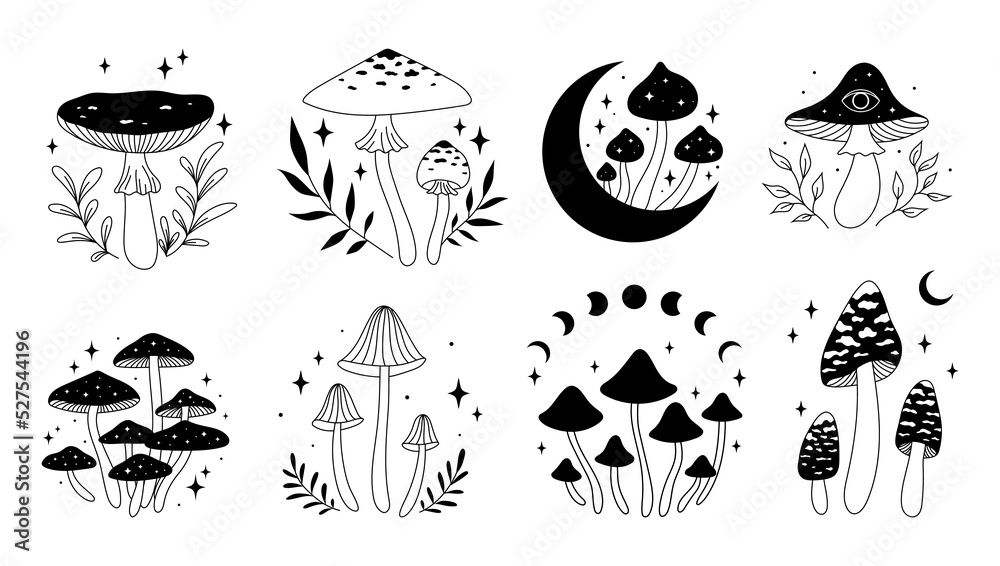 Vector set with magic mushrooms. Composition with mushrooms, stars and ...