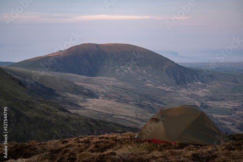 A wild camping tent in the mountains of Wales UK Snowdonia