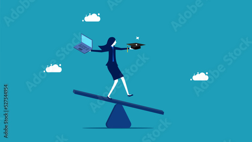 Businesswomen manage work and study on the scale. vector illustration eps