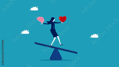 Businesswoman balancing brain and heart on the scales. vector illustration eps