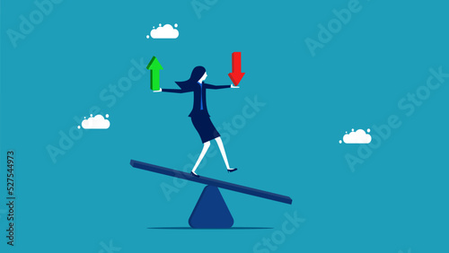 Stock trading. businesswoman balances the up and down arrows. vector illustration eps