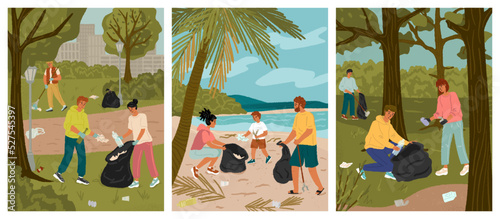Volunteers collecting garbage into bags on beach and park. People clean environment concept vector illustration. Planet pollution, save nature posters set