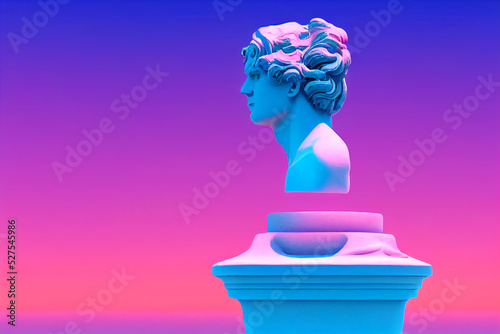 Greek god sculpture in retrowave city pop design, vaporwave style colors, 3d rendering
