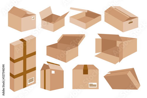 Carton delivery packaging open and closed box with fragile signs. Cardboard box empty cartoon delivery cargo, receive packaging distribution