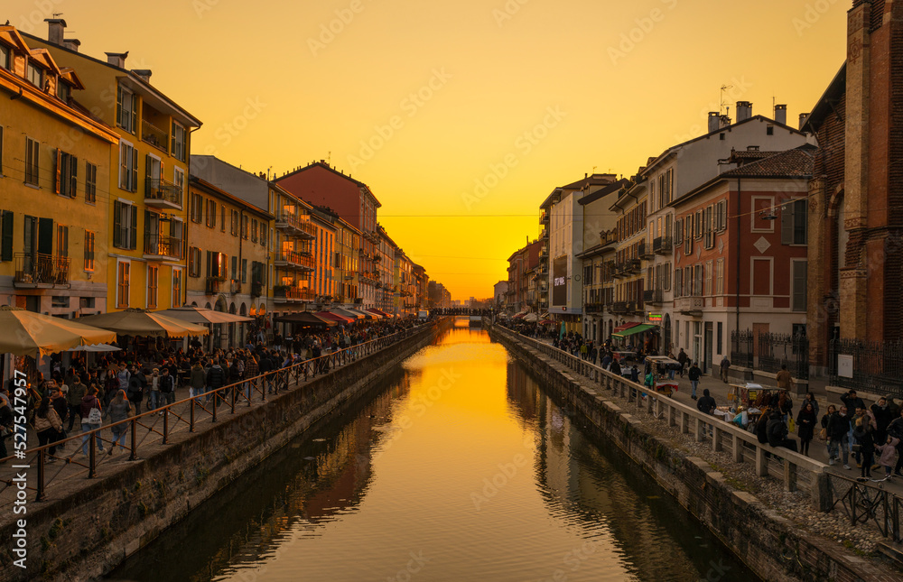 MILAN, ITALY, MARCH 5, 2022 - View of Alzaia Naviglio Grande in Milan, Italy at sunset.