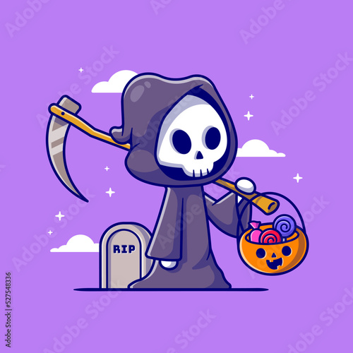 Cute Grim Reaper Holding Candy Basket Cartoon Vector Icon
Illustration. People Holiday Icon Concept Isolated Premium
Vector. Flat Cartoon Style