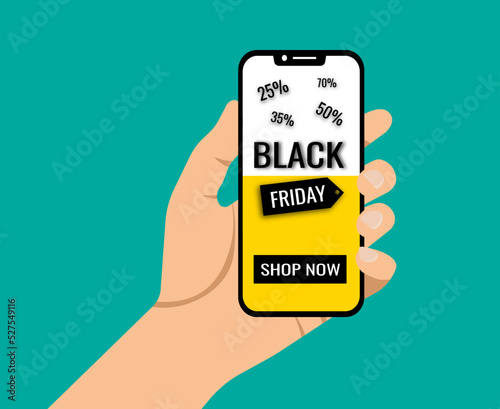 Black Friday sale. Hand holding smartphone with black friday sale on screen. Vector illustration