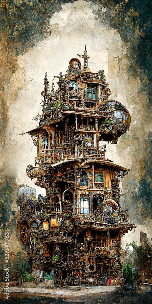Steampunk house made of junk as fantasy architecture concept Stock ...