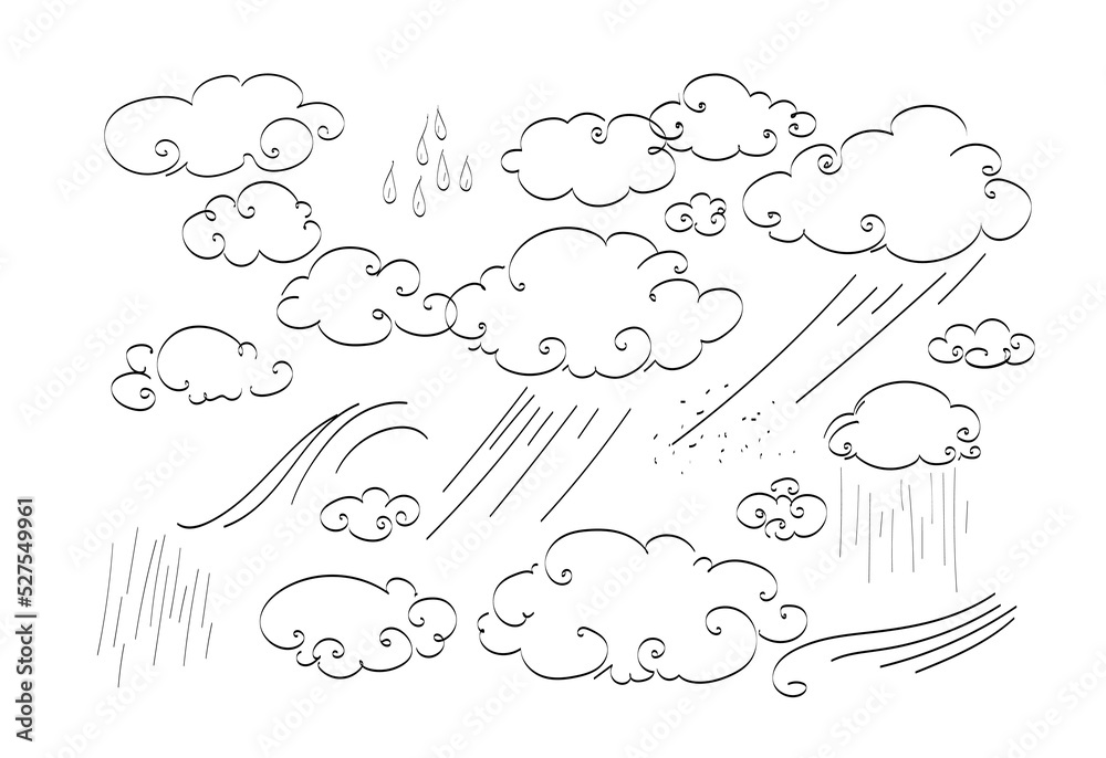 Weather, clouds, rain doodle set, vector Hand drawn sketch style  elements illustration.