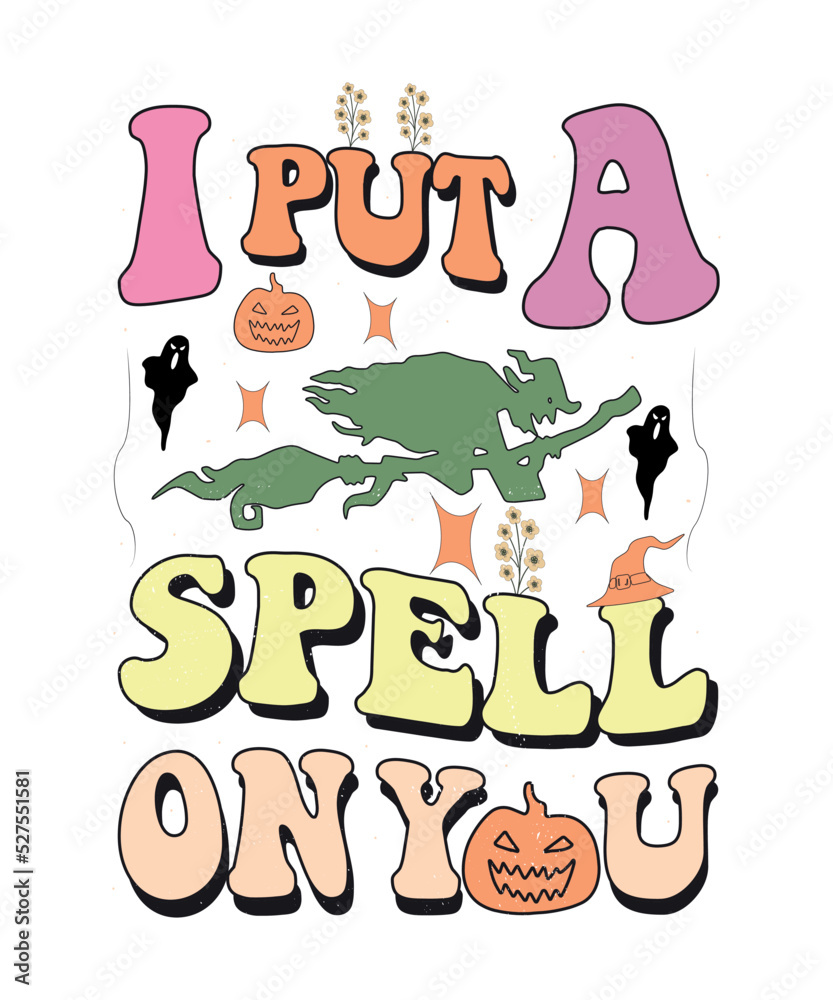 Fototapeta premium Groovy style Halloween typography t-shirt design, vintage typography t-shirt design, retro Halloween t-shirt design, groovy t-shirt design.