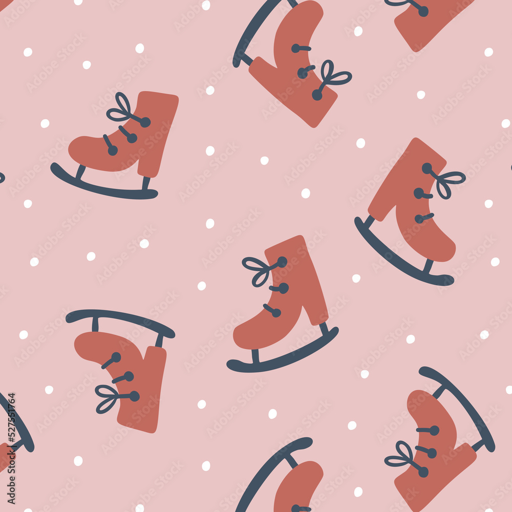 Christmas hand drawn seamless pattern with skates. Colorful flat vector backdrop. Winter holiday background, Vector decoration with for print, paper, design, fabric, decor, gift wrap