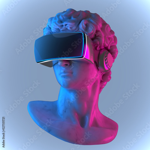 Concept futuristic illustration from 3D rendering of white marble classical head sculpture with virtual reality visor headset isolated on grey background. photo