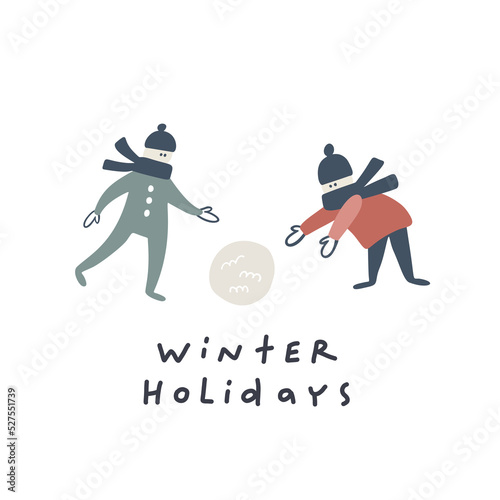 Winter holidays. Christmas card. Hand drawn illustration in cartoon style. Cute concept for xmas. Illustration for the design postcard, textiles, apparel, decor
